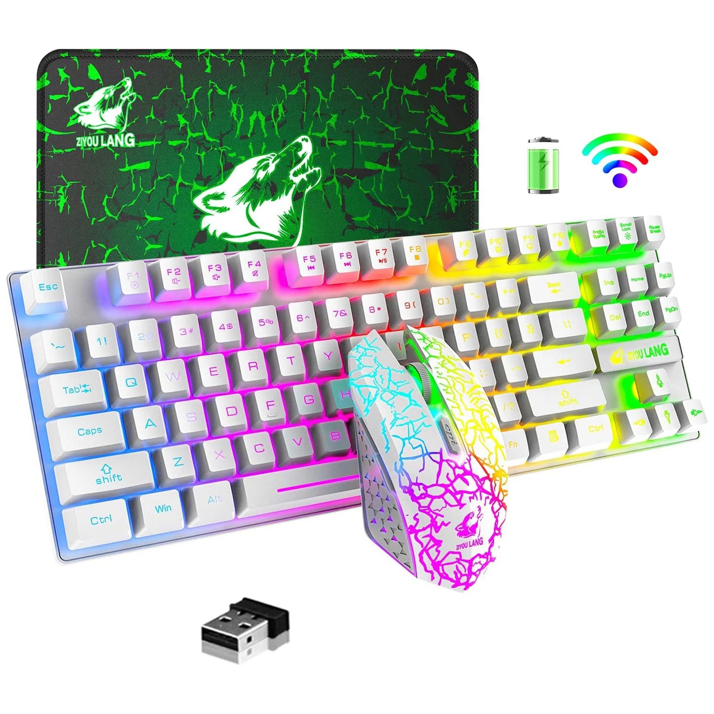 Wireless Gaming Keyboard and Mouse Combo,Rainbow Backlit Rechargeable 3800mAh Battery,87 Keys Mechanical Feel Keyboard