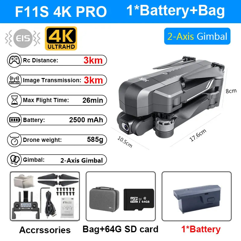 SJRC F11S 4K Pro 3KM Drone 4K Profesional GPS Dron With Camera Foldable 2 Axis Stabilized Gimbal 5G WiFi FPV Drones Ship from US