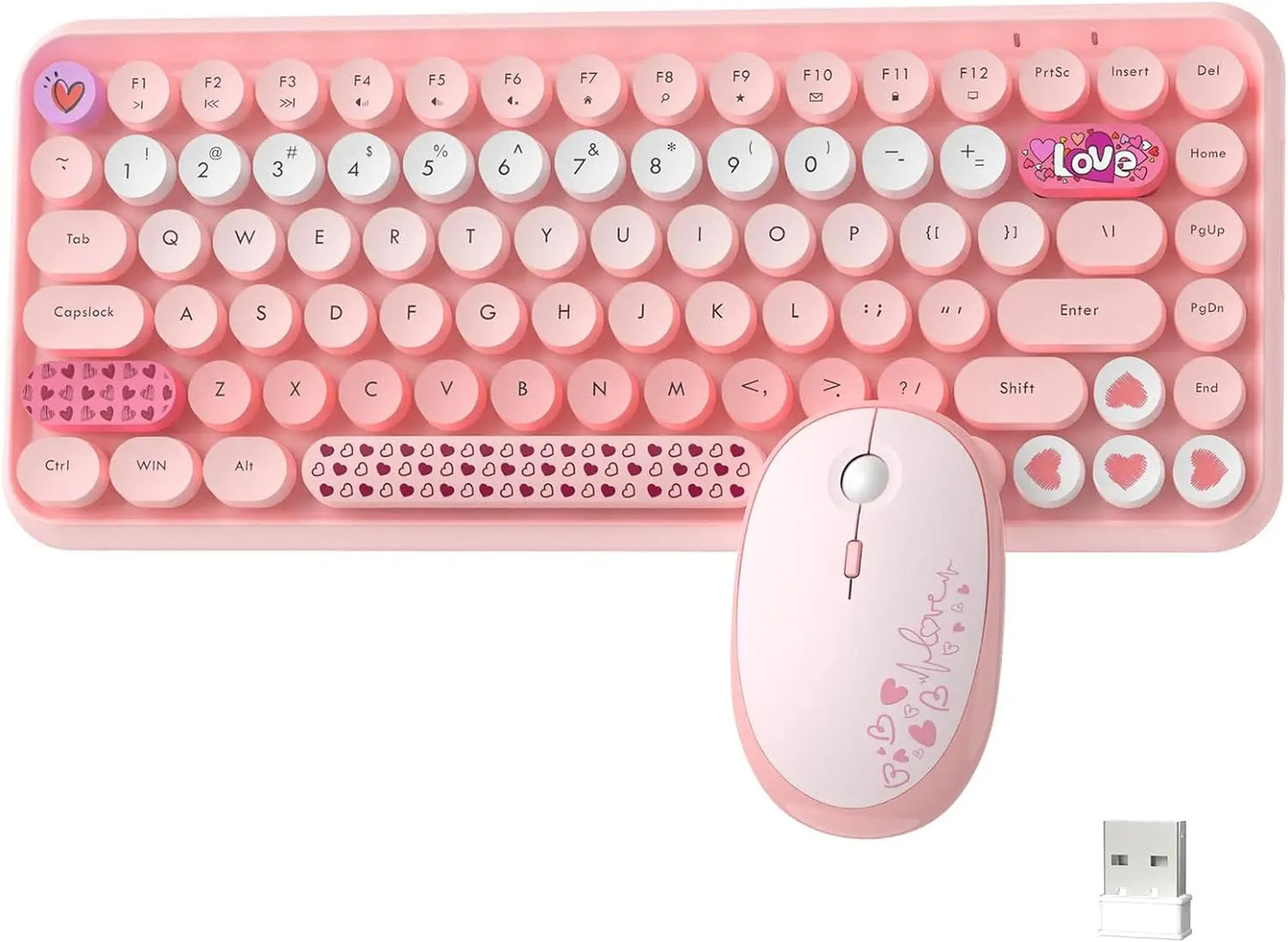 308i Pink Wireless 2.4G Keyboard and Mouse Set, Gradient Cute Round Keycaps for Retro Typewriter