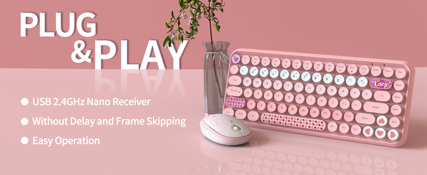 308i Pink Wireless 2.4G Keyboard and Mouse Set, Gradient Cute Round Keycaps for Retro Typewriter