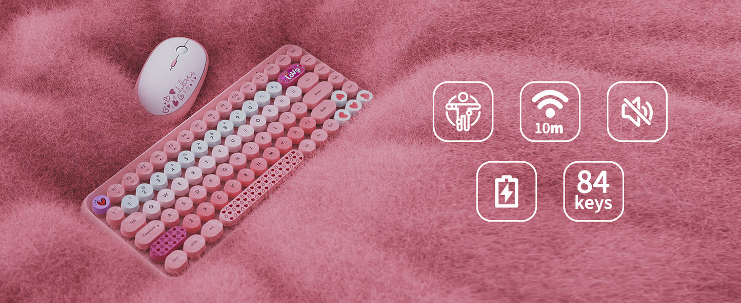 308i Pink Wireless 2.4G Keyboard and Mouse Set, Gradient Cute Round Keycaps for Retro Typewriter