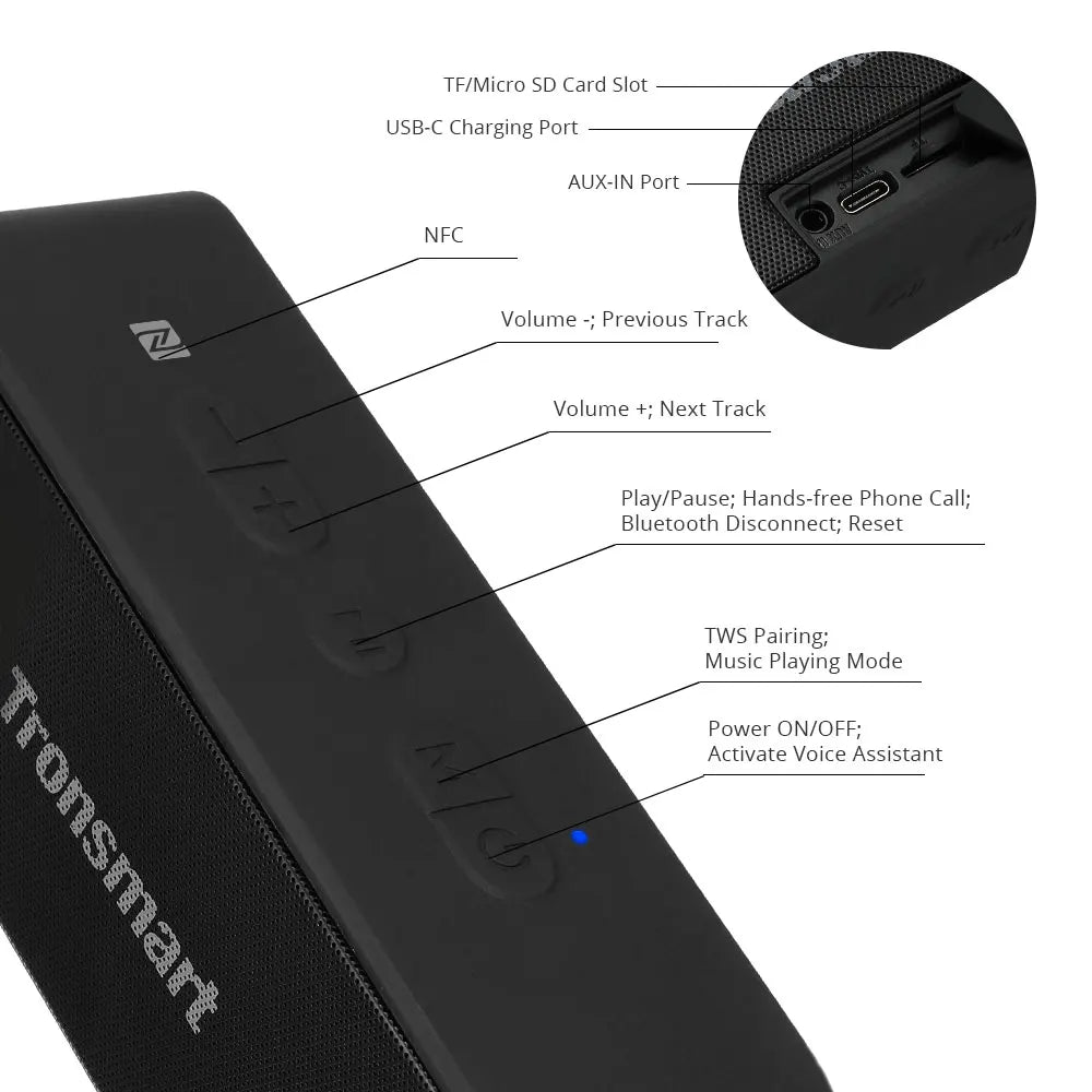2025. T2 Plus Bluetooth 5.0 Speaker 20W Portable Speaker 24H Column IPX7 Soundbar with NFC,Voice Assistant,Micro SD