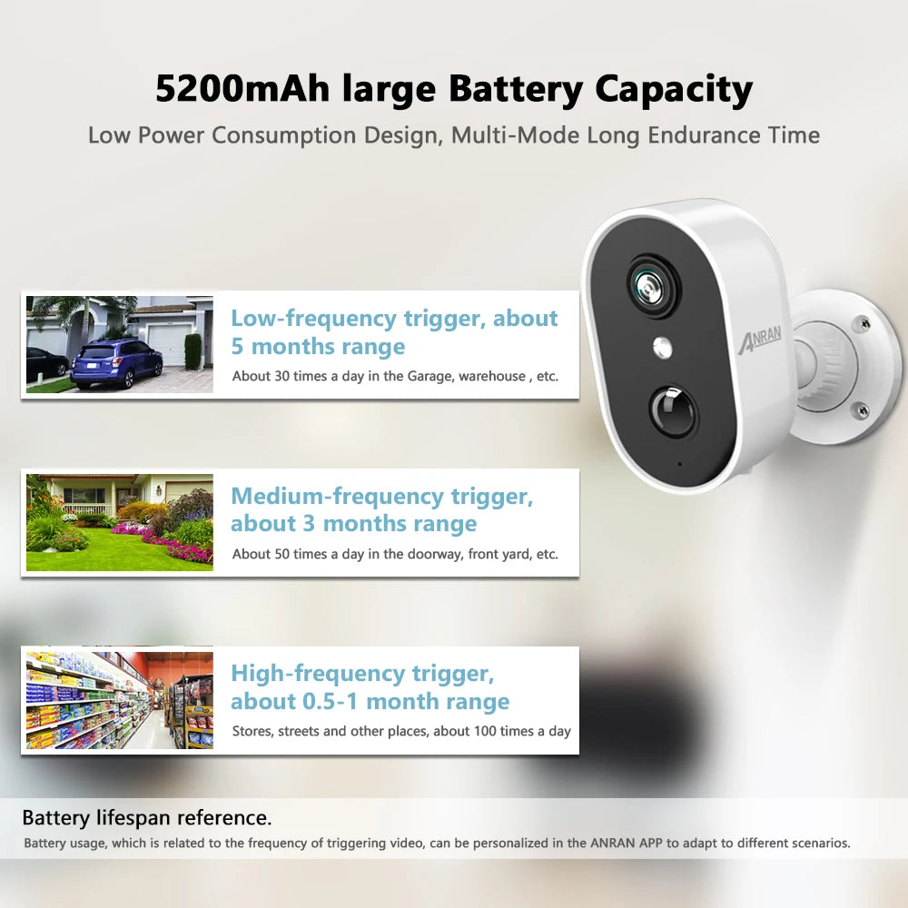 ANRAN 2K Rechargeable Battery Camera 2.4G WiFi Camera Wireless Home Surveillance Security Cameras PIR ,IP65 ,work with ANRAN app