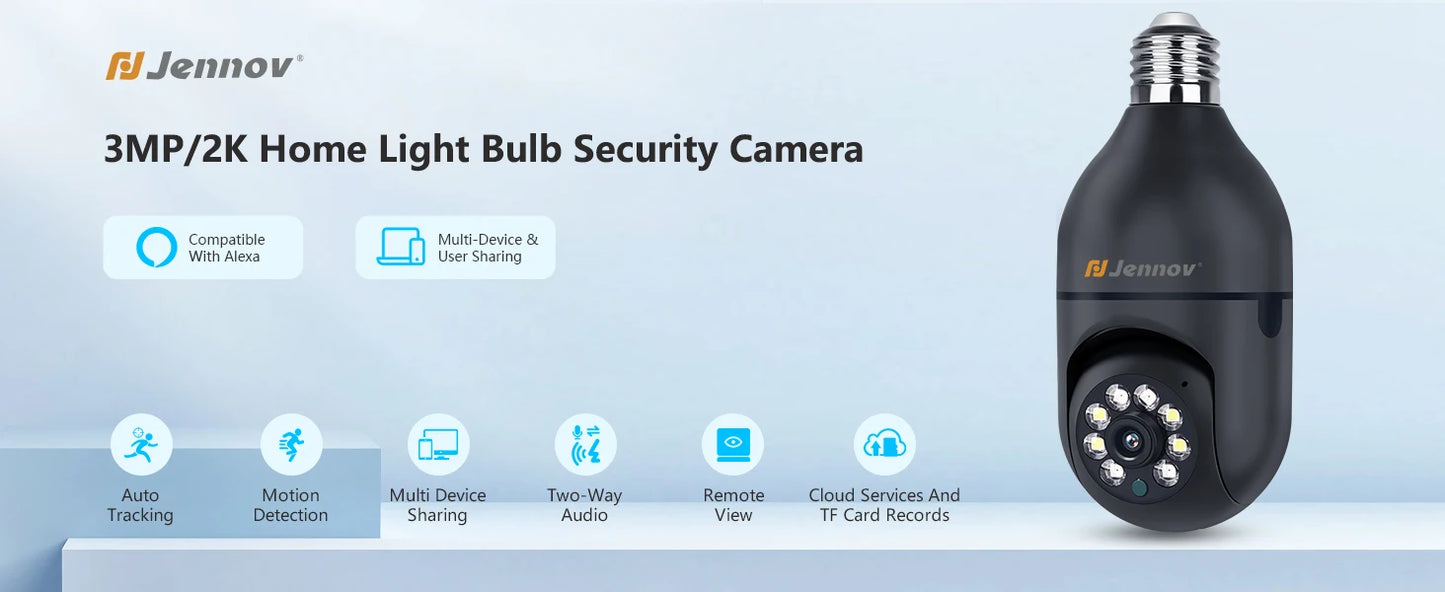 Jennov Light Bulb Security Camera, 360°/2k HD Wireless Camera, Wi-Fi Light Socket Camera for Indoor&Outdoor Home Security