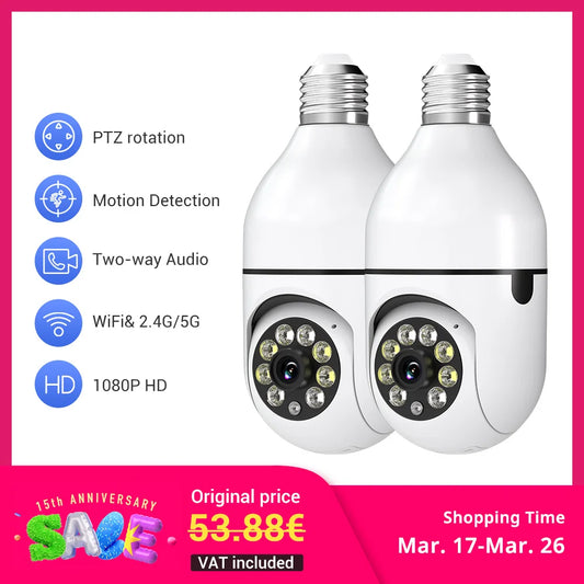 2Pc Ease Life APP-Light Bulb Security Cameras Outdoor Wireless WiFi Camera 5GHz, 360 Degree, E27 Light Socket Screw In Securi