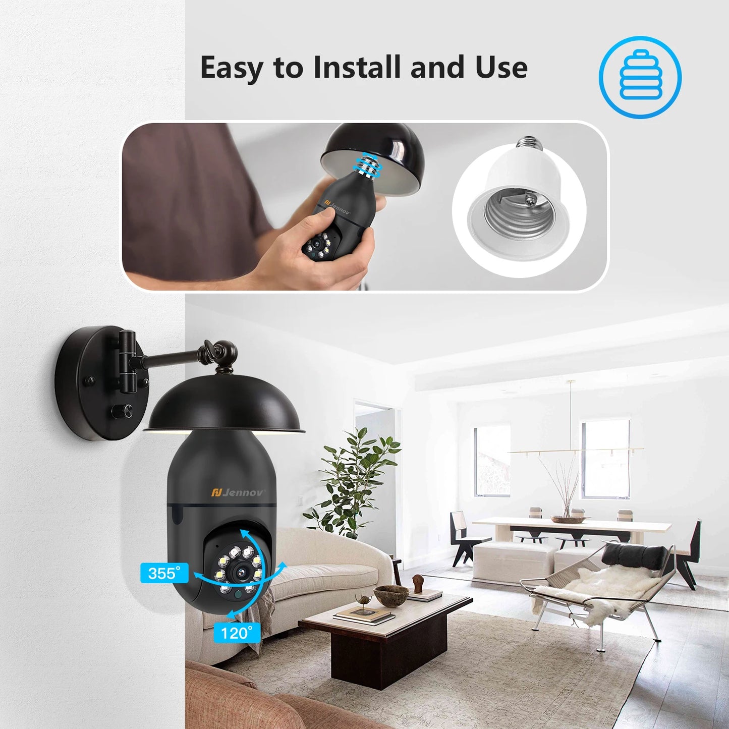 Jennov Light Bulb Security Camera, 360°/2k HD Wireless Camera, Wi-Fi Light Socket Camera for Indoor&Outdoor Home Security