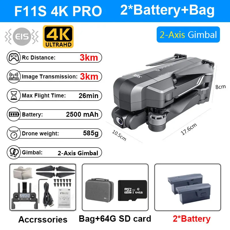 SJRC F11S 4K Pro 3KM Drone 4K Profesional GPS Dron With Camera Foldable 2 Axis Stabilized Gimbal 5G WiFi FPV Drones Ship from US