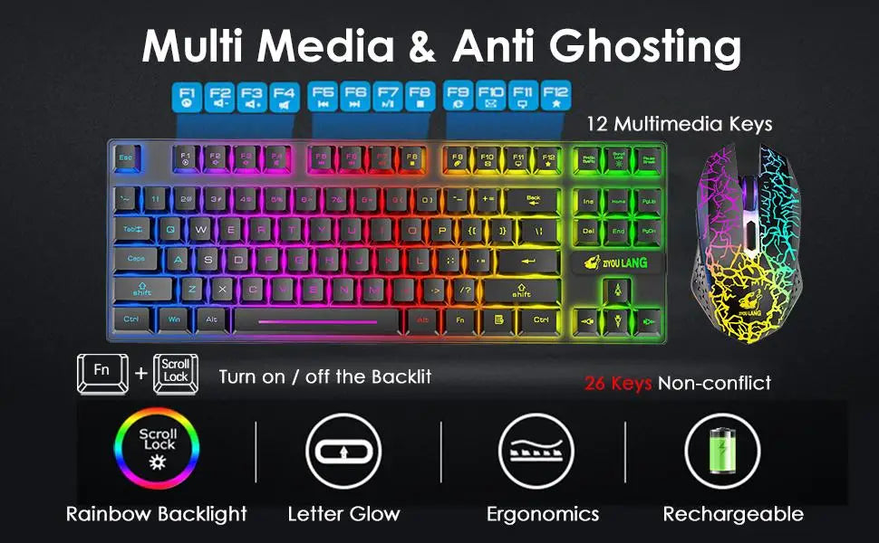 Wireless Gaming Keyboard and Mouse Combo,Rainbow Backlit Rechargeable 3800mAh Battery,87 Keys Mechanical Feel Keyboard