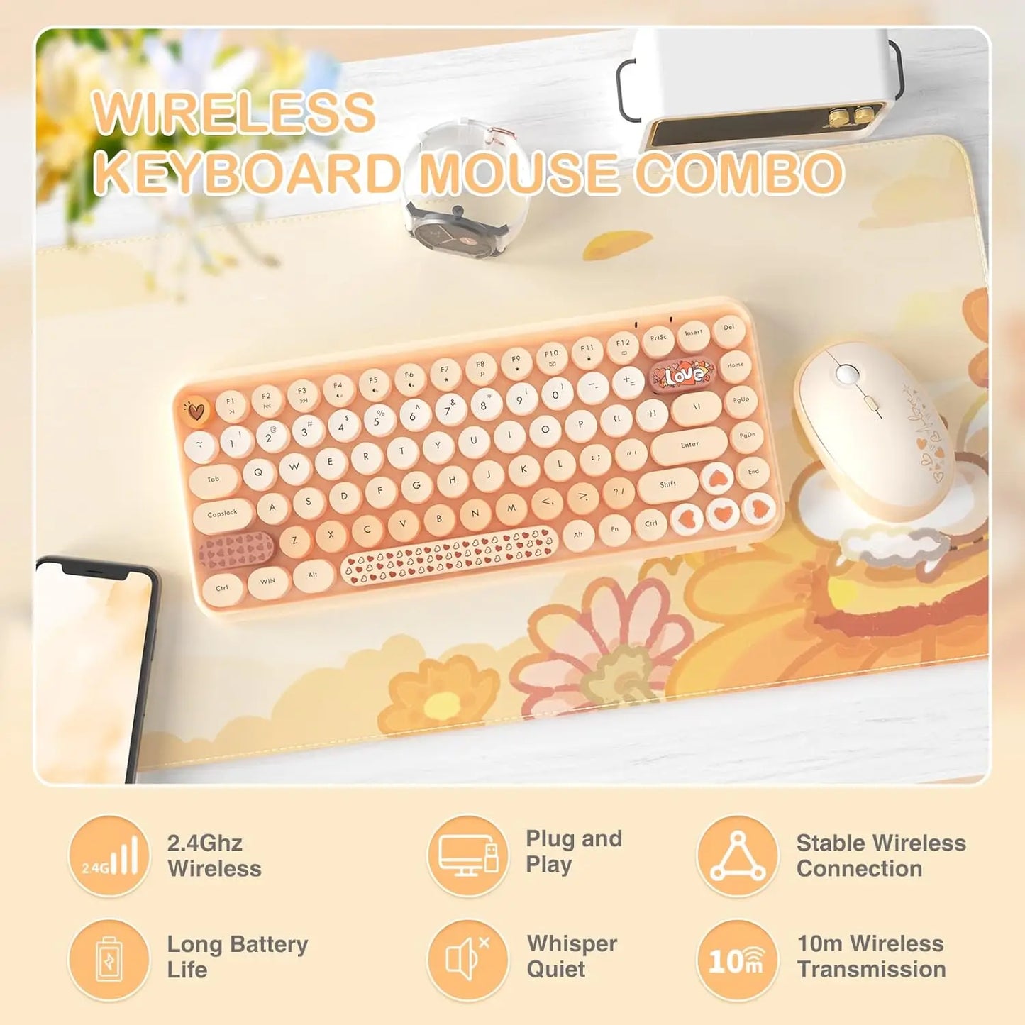 308i Pink Wireless 2.4G Keyboard and Mouse Set, Gradient Cute Round Keycaps for Retro Typewriter
