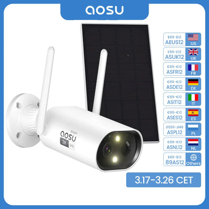 AOSU 100% Wire-free 3MP Wifi Solar Camera Outdoor Built-in Battery Security Camera Color Night Vision 2-Way Audio CCTV Cam