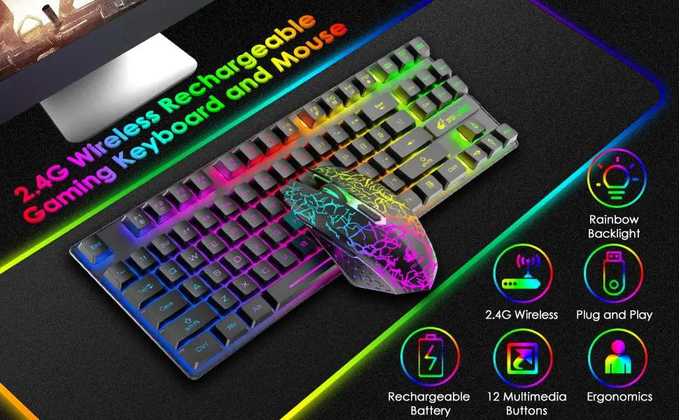 Wireless Gaming Keyboard and Mouse Combo,Rainbow Backlit Rechargeable 3800mAh Battery,87 Keys Mechanical Feel Keyboard