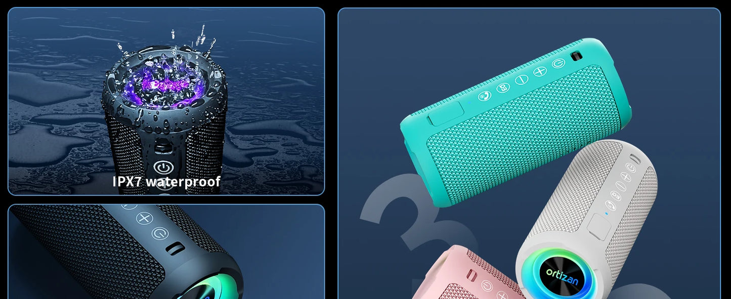 Ortizan Portable Bluetooth Speakers with Bass Boost,IPX7 Waterproof,Suporrt TF Card/AUX,RGB Lights,30H Playtime,24W Loud Drivers