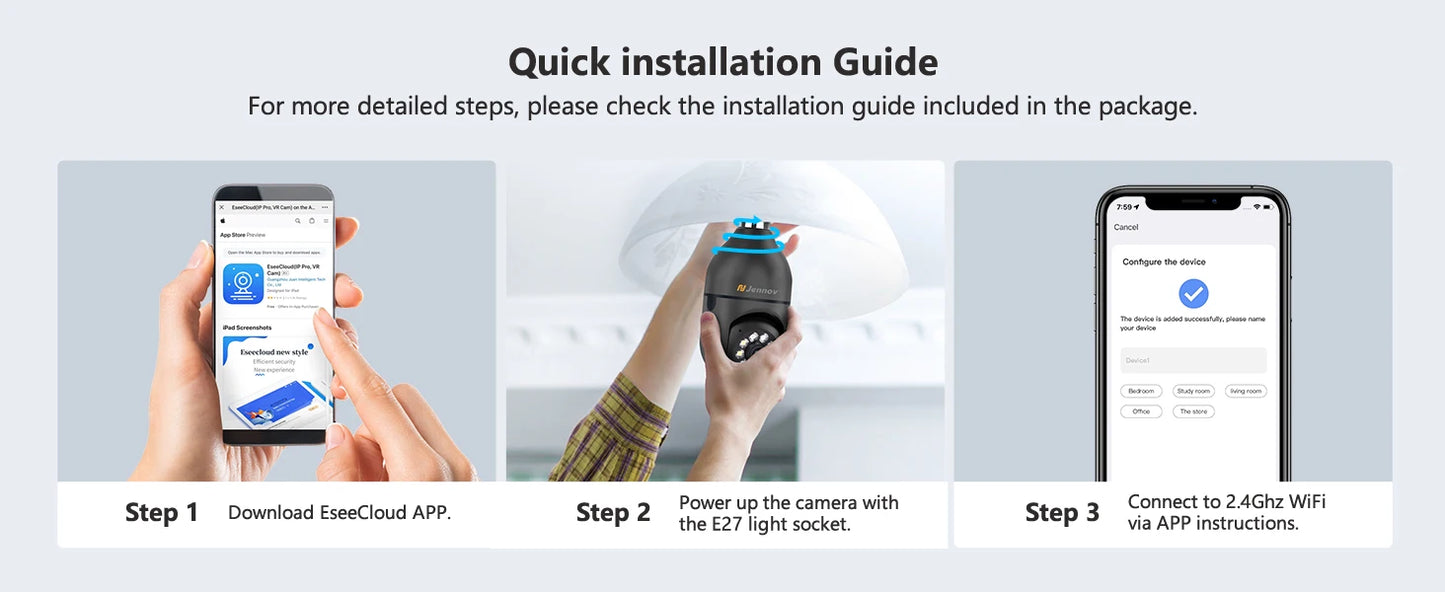 Jennov Light Bulb Security Camera, 360°/2k HD Wireless Camera, Wi-Fi Light Socket Camera for Indoor&Outdoor Home Security