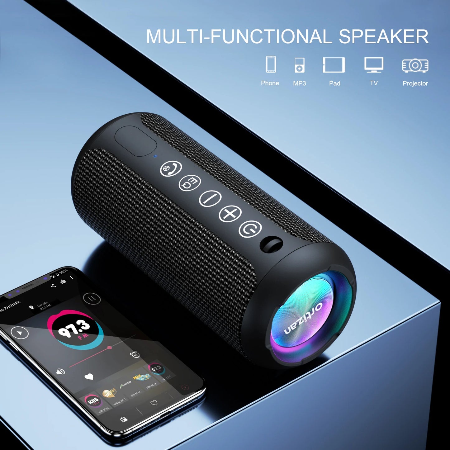 Ortizan Portable Bluetooth Speakers with Bass Boost,IPX7 Waterproof,Suporrt TF Card/AUX,RGB Lights,30H Playtime,24W Loud Drivers