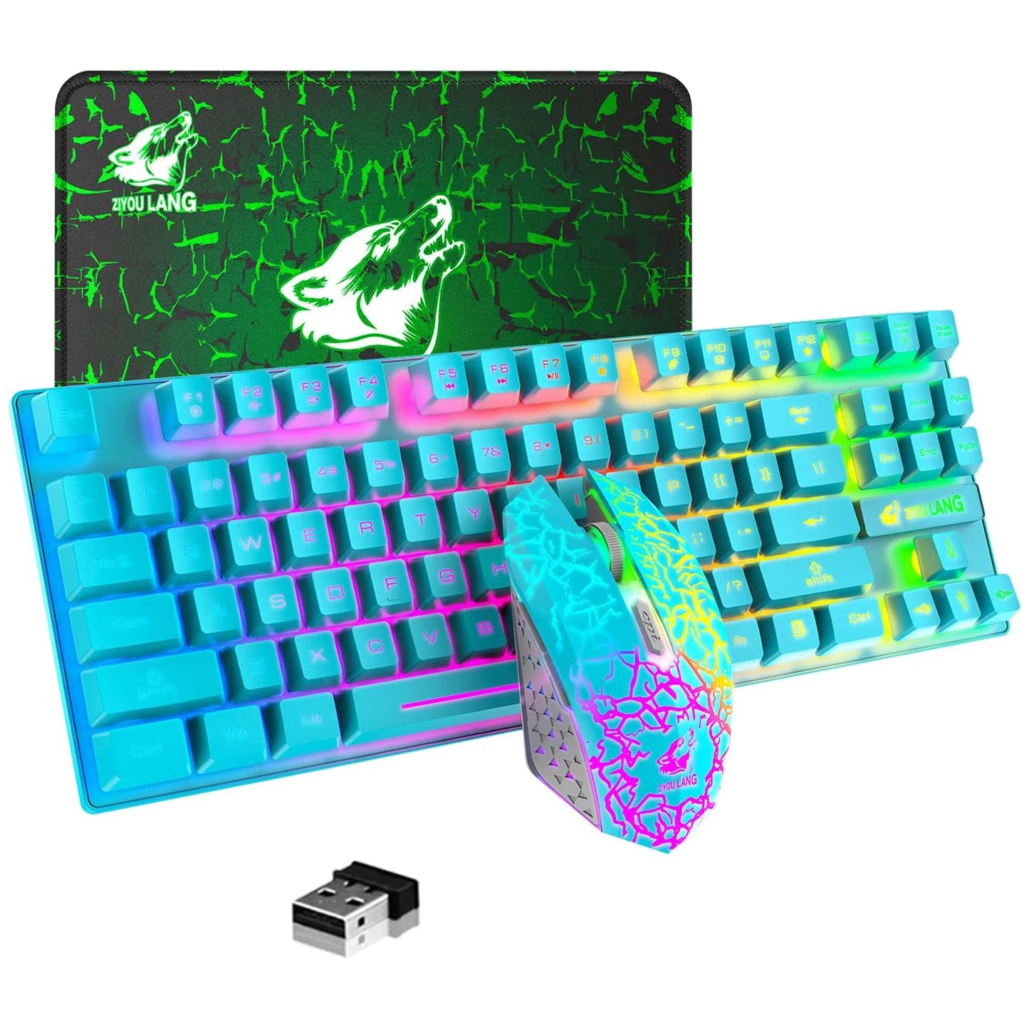 Wireless Gaming Keyboard and Mouse Combo,Rainbow Backlit Rechargeable 3800mAh Battery,87 Keys Mechanical Feel Keyboard