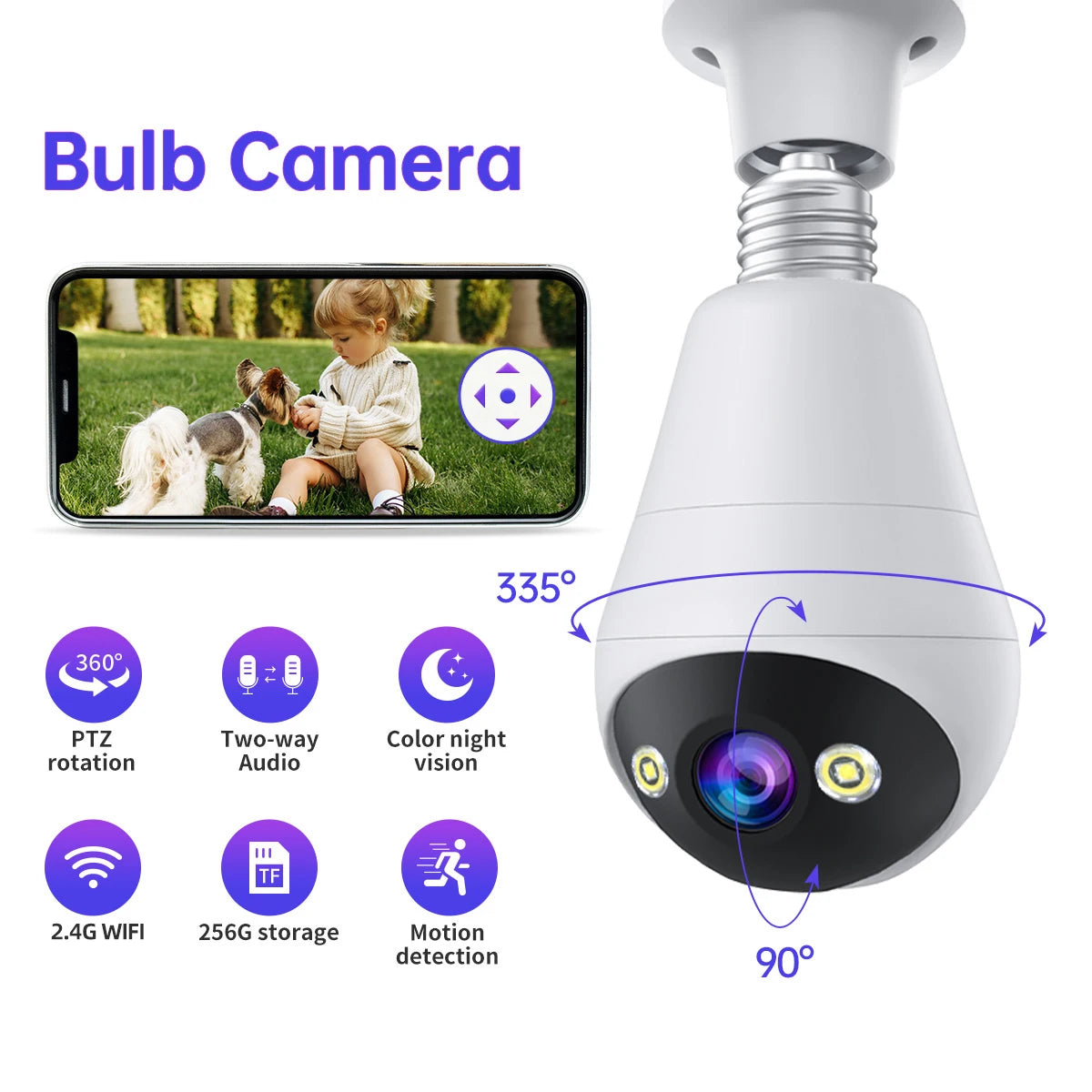 JOOAN 2K IP Camera Wifi E27 Bulb Surveillance Camera Home Auto Tracking Two Way Audio Security Baby Monitor Wireless CCTV Camera