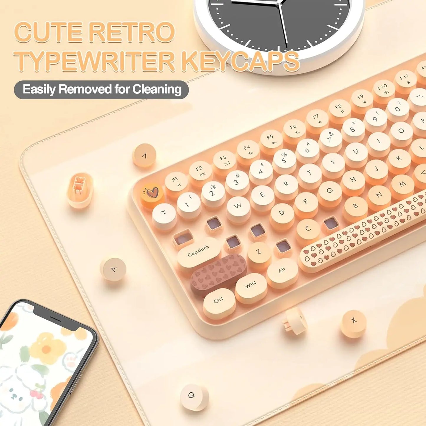 308i Pink Wireless 2.4G Keyboard and Mouse Set, Gradient Cute Round Keycaps for Retro Typewriter