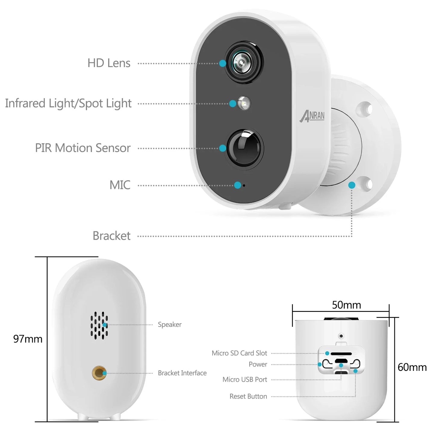 ANRAN 2K Rechargeable Battery Camera 2.4G WiFi Camera Wireless Home Surveillance Security Cameras PIR ,IP65 ,work with ANRAN app