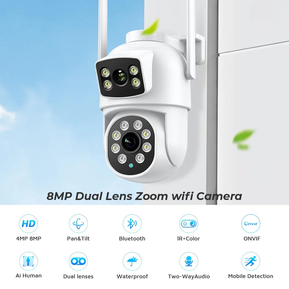 8MP 4K Outdoor Wifi Security Camera Dual Lens Dual Screens Video Surveillance Camera Home Smart Human Detection ICSEE APP
