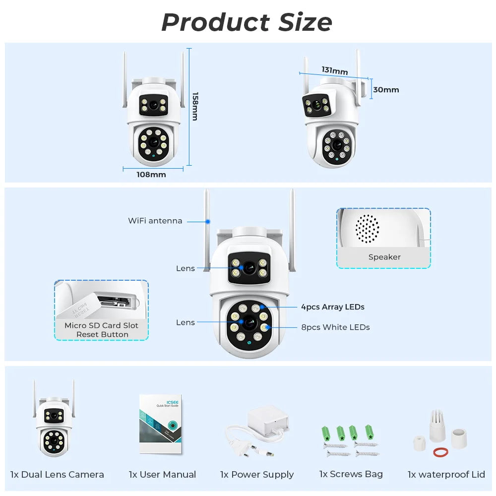 8MP 4K Outdoor Wifi Security Camera Dual Lens Dual Screens Video Surveillance Camera Home Smart Human Detection ICSEE APP