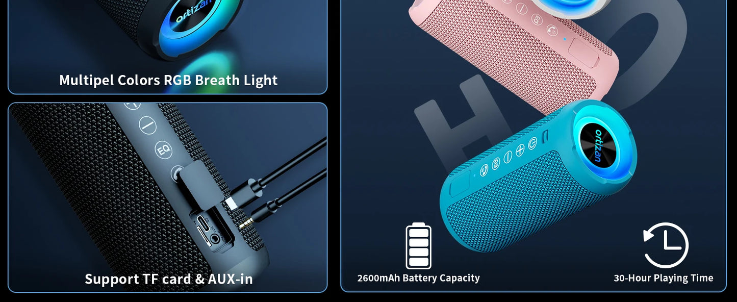Ortizan Portable Bluetooth Speakers with Bass Boost,IPX7 Waterproof,Suporrt TF Card/AUX,RGB Lights,30H Playtime,24W Loud Drivers