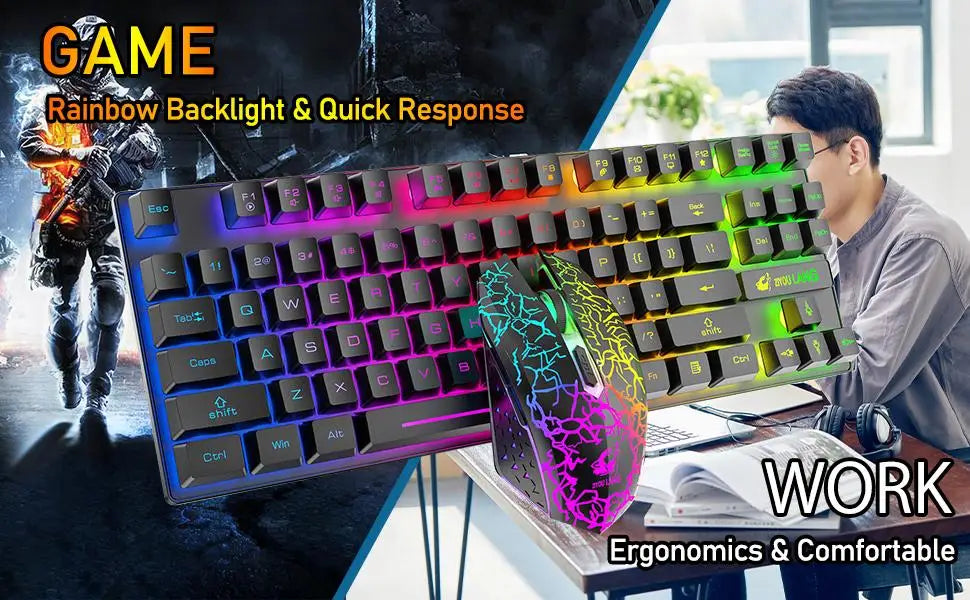 Wireless Gaming Keyboard and Mouse Combo,Rainbow Backlit Rechargeable 3800mAh Battery,87 Keys Mechanical Feel Keyboard