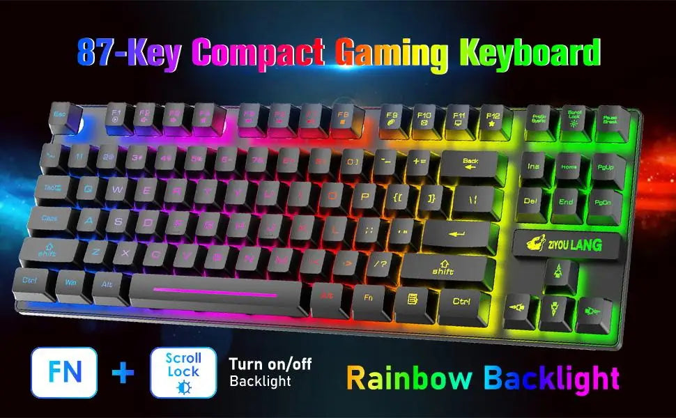 Wireless Gaming Keyboard and Mouse Combo,Rainbow Backlit Rechargeable 3800mAh Battery,87 Keys Mechanical Feel Keyboard