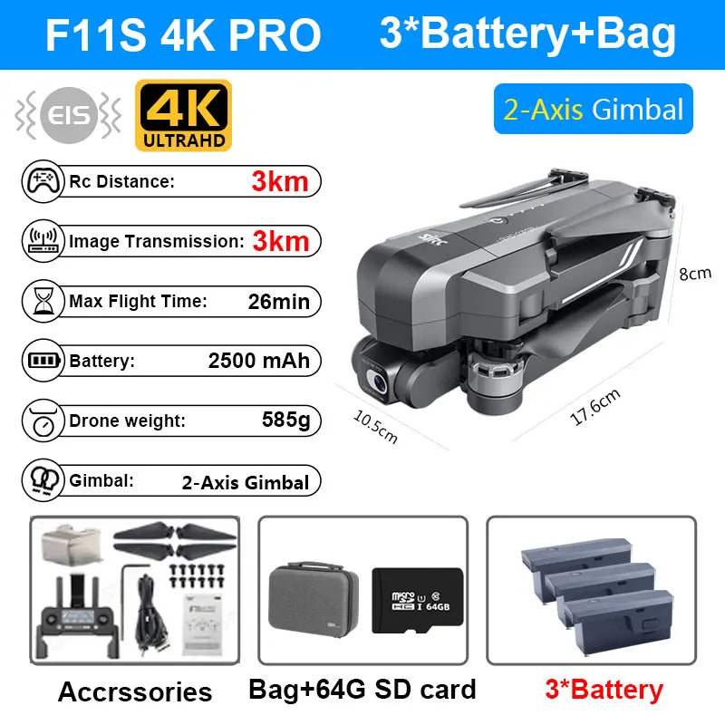 SJRC F11S 4K Pro 3KM Drone 4K Profesional GPS Dron With Camera Foldable 2 Axis Stabilized Gimbal 5G WiFi FPV Drones Ship from US