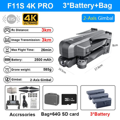 SJRC F11S 4K Pro 3KM Drone 4K Profesional GPS Dron With Camera Foldable 2 Axis Stabilized Gimbal 5G WiFi FPV Drones Ship from US