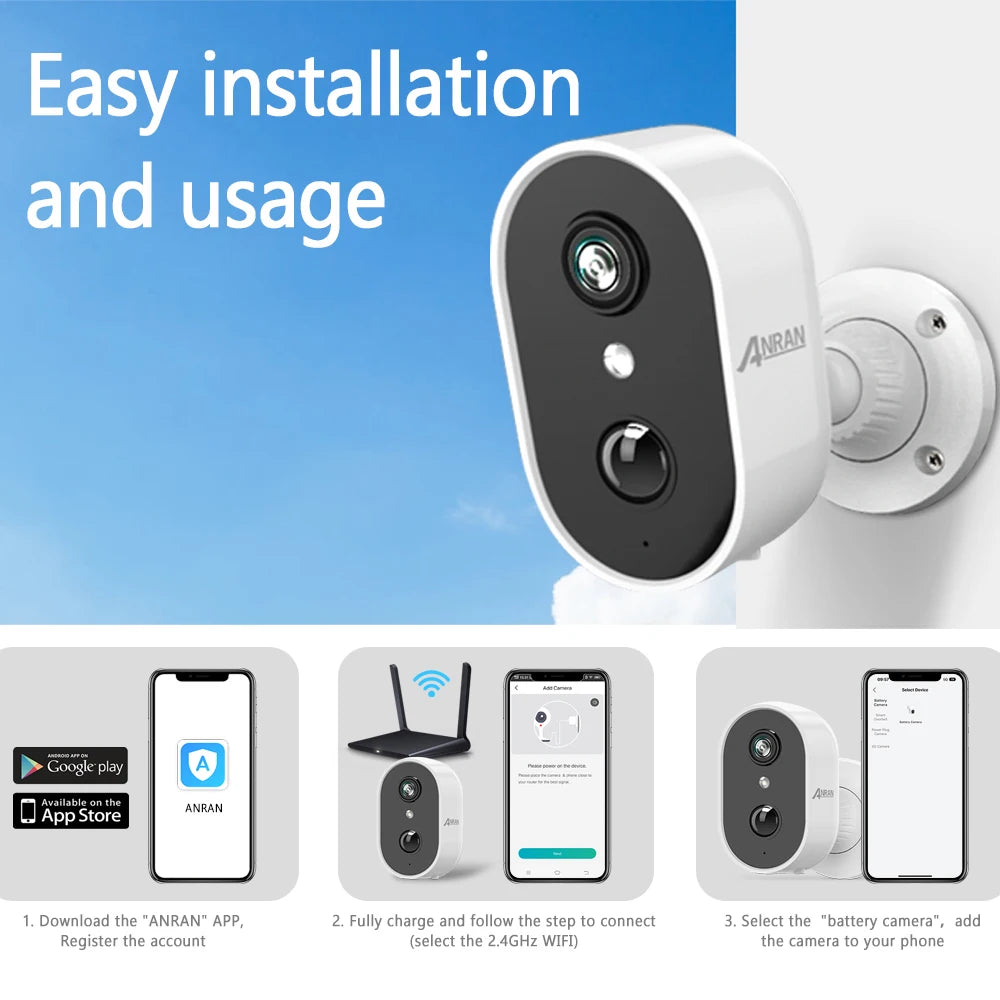 ANRAN 2K Rechargeable Battery Camera 2.4G WiFi Camera Wireless Home Surveillance Security Cameras PIR ,IP65 ,work with ANRAN app