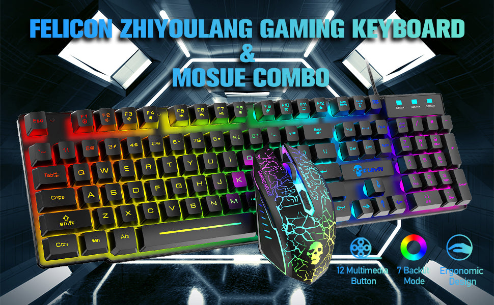 MAMBASNAKE x KUIYN T6 Wired Gaming Keyboard and Mouse Combo with Rainbow LED Backlight
