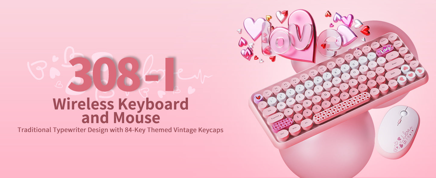308i Pink Wireless 2.4G Keyboard and Mouse Set, Gradient Cute Round Keycaps for Retro Typewriter